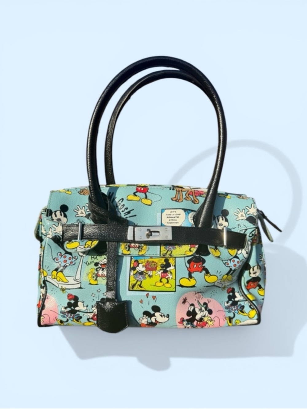 Disney Parks Vintage Blue Mickey Mouse Cartoon Comic Bag w/Black Handles. EUC